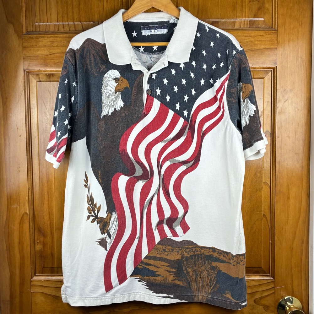 Royale Air Mens XXL American Flag Bald Eagle Americana Polo Shirt Cotton